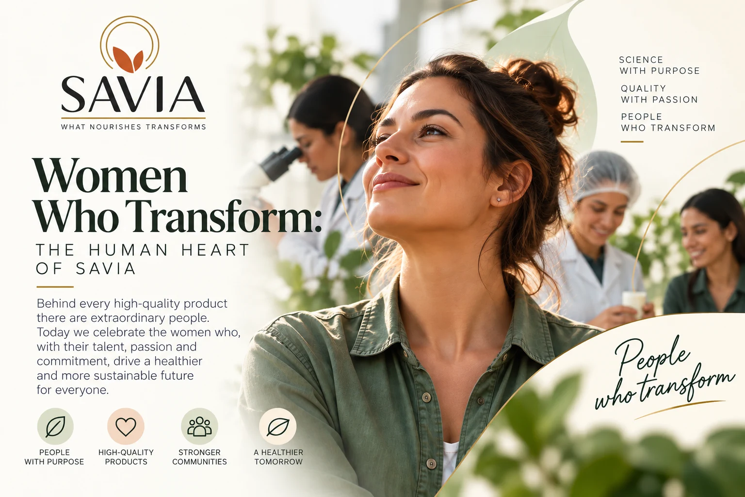 SAVIA graphic with the title 'Women Who Transform: The Human Heart of SAVIA' over a photograph of several women working in food science and production.