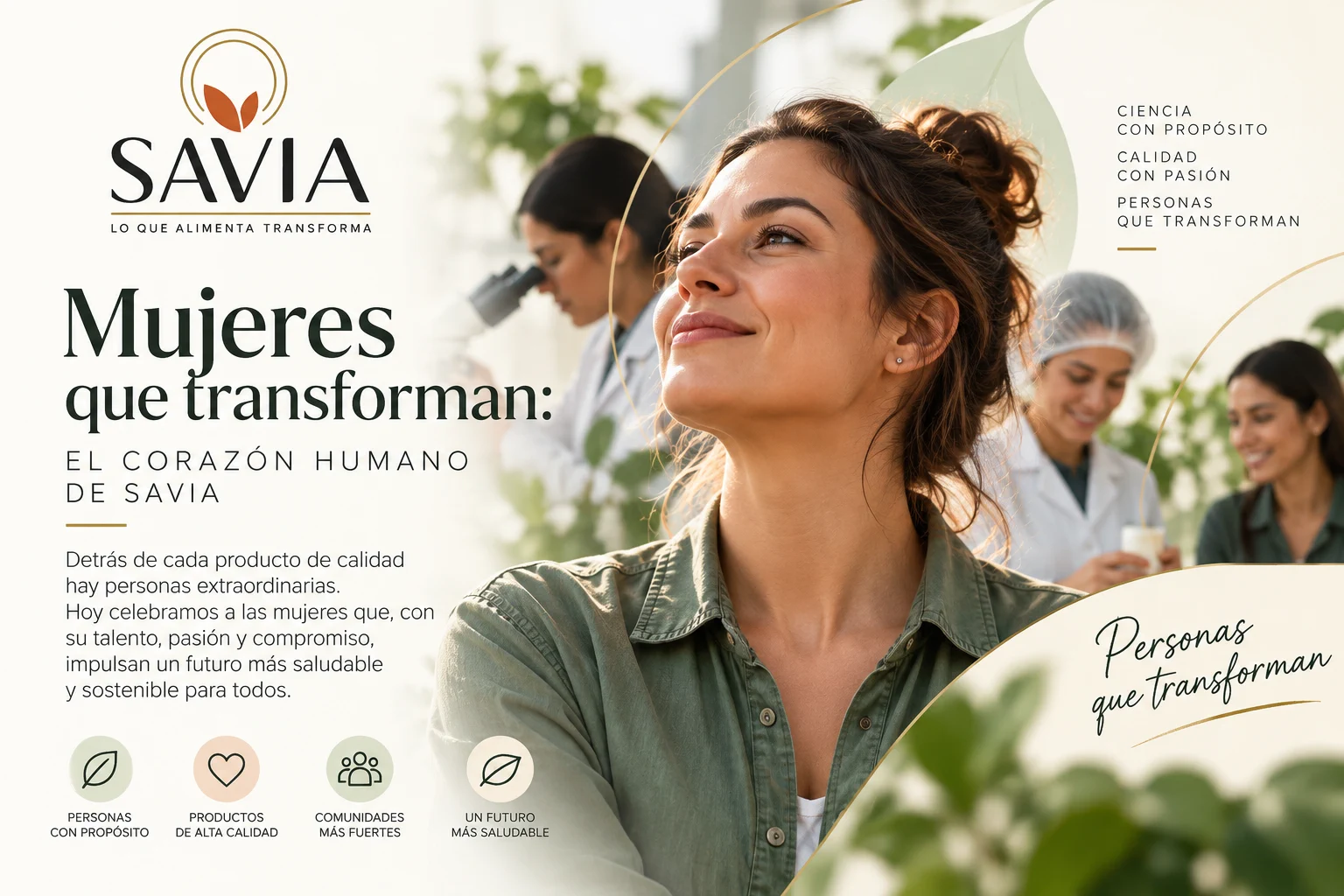 Pieza gráfica de SAVIA con el título «Mujeres que transforman: el corazón humano de SAVIA» sobre una fotografía de varias mujeres trabajando en ciencia y producción de alimentos.