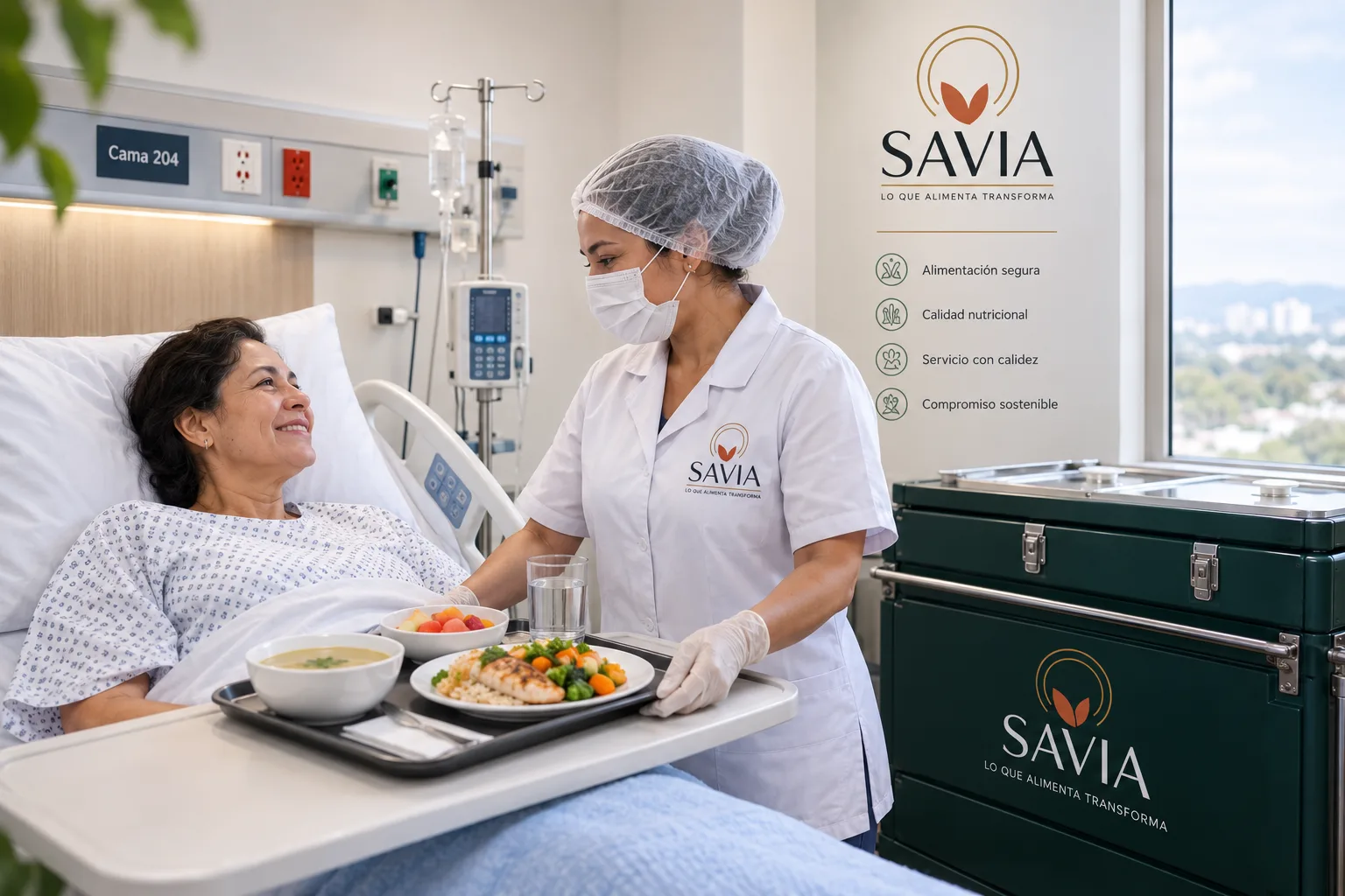Entrega de la bandeja de dieta en la habitación de un paciente, con sopa, proteína, verdura y fruta fresca.