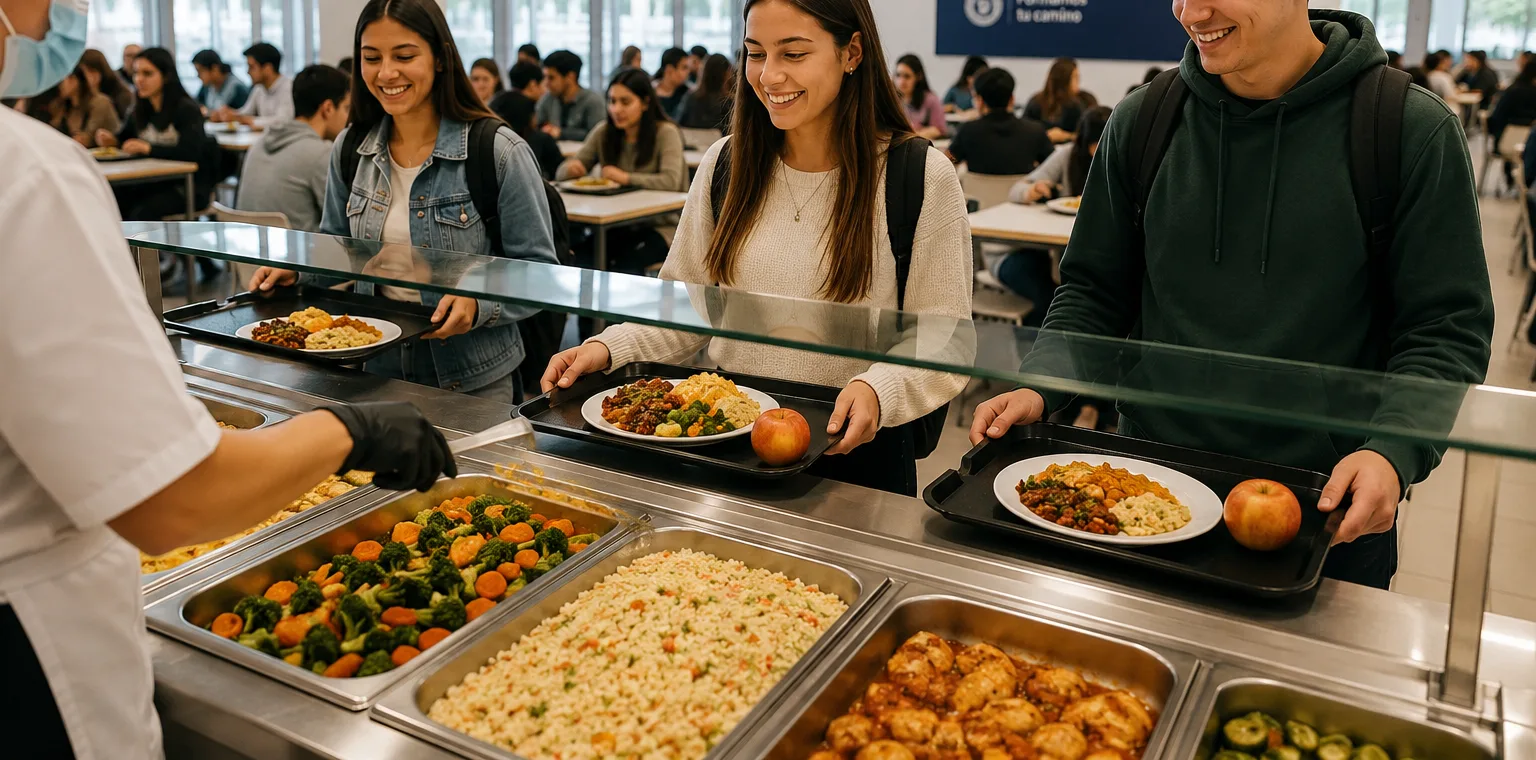 Estudiantes recogiendo su bandeja en la línea de servicio del comedor de una universidad.