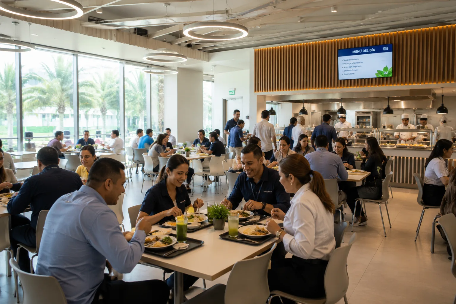 Cafetería corporativa a la hora del almuerzo, con las mesas ocupadas y la línea de servicio al fondo.
