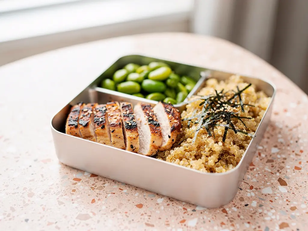 Caja ejecutiva con proteína a la parrilla, quinua y edamame, servida en empaque individual.