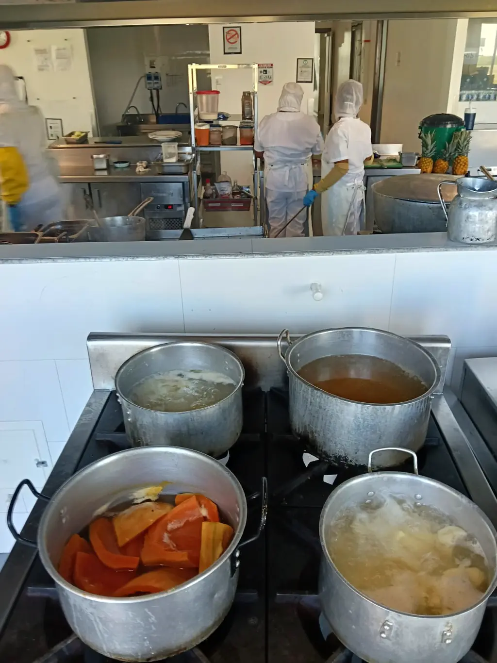 Ollas de volumen con caldo, papaya y yuca en proceso de preparación.