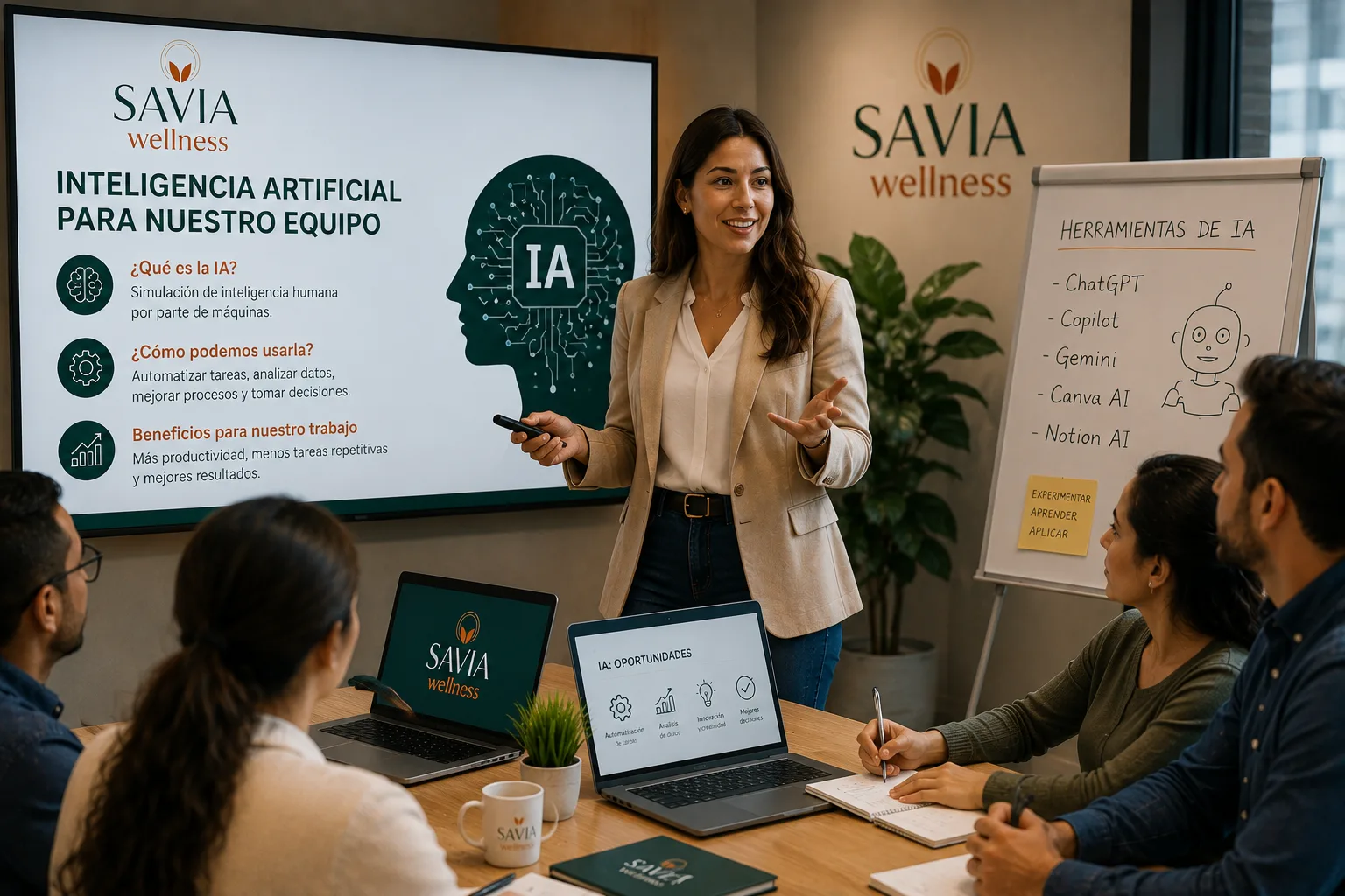 Capacitación en inteligencia artificial en una sala de juntas, con la presentación en pantalla y el equipo tomando notas.