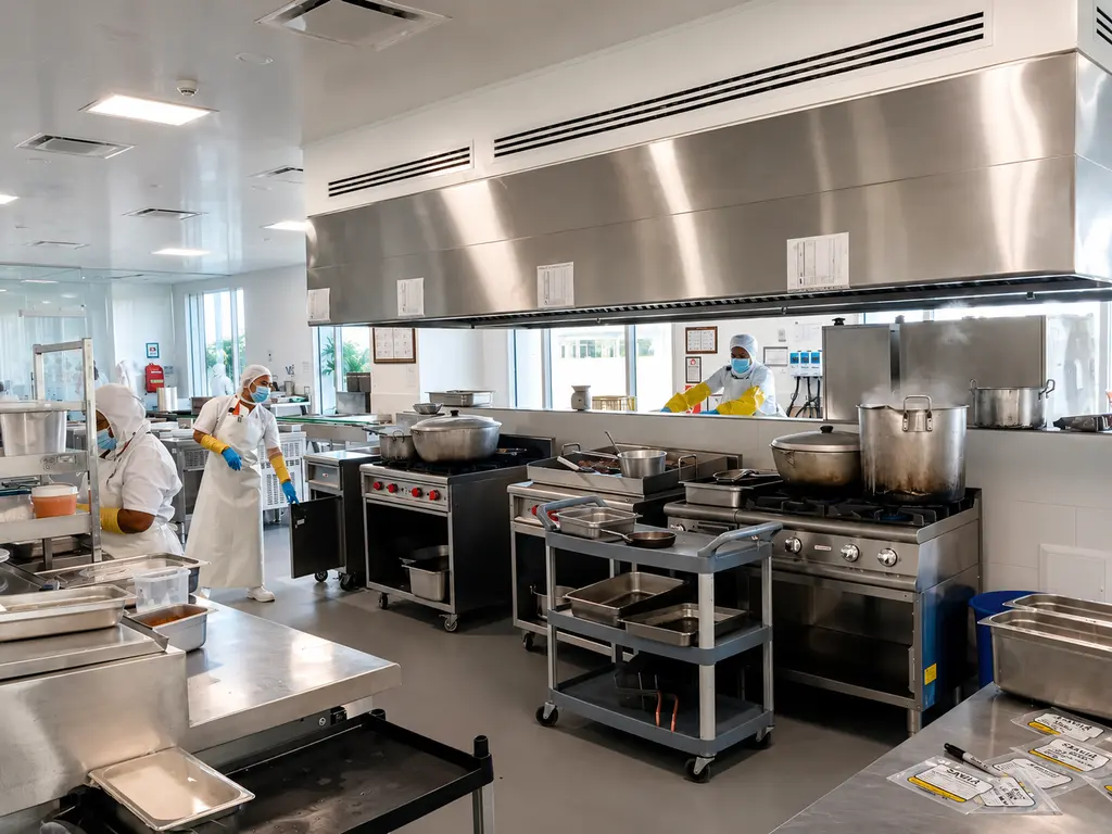 Cocina de producción industrial en plena operación, con el equipo en dotación completa y elementos de protección personal.