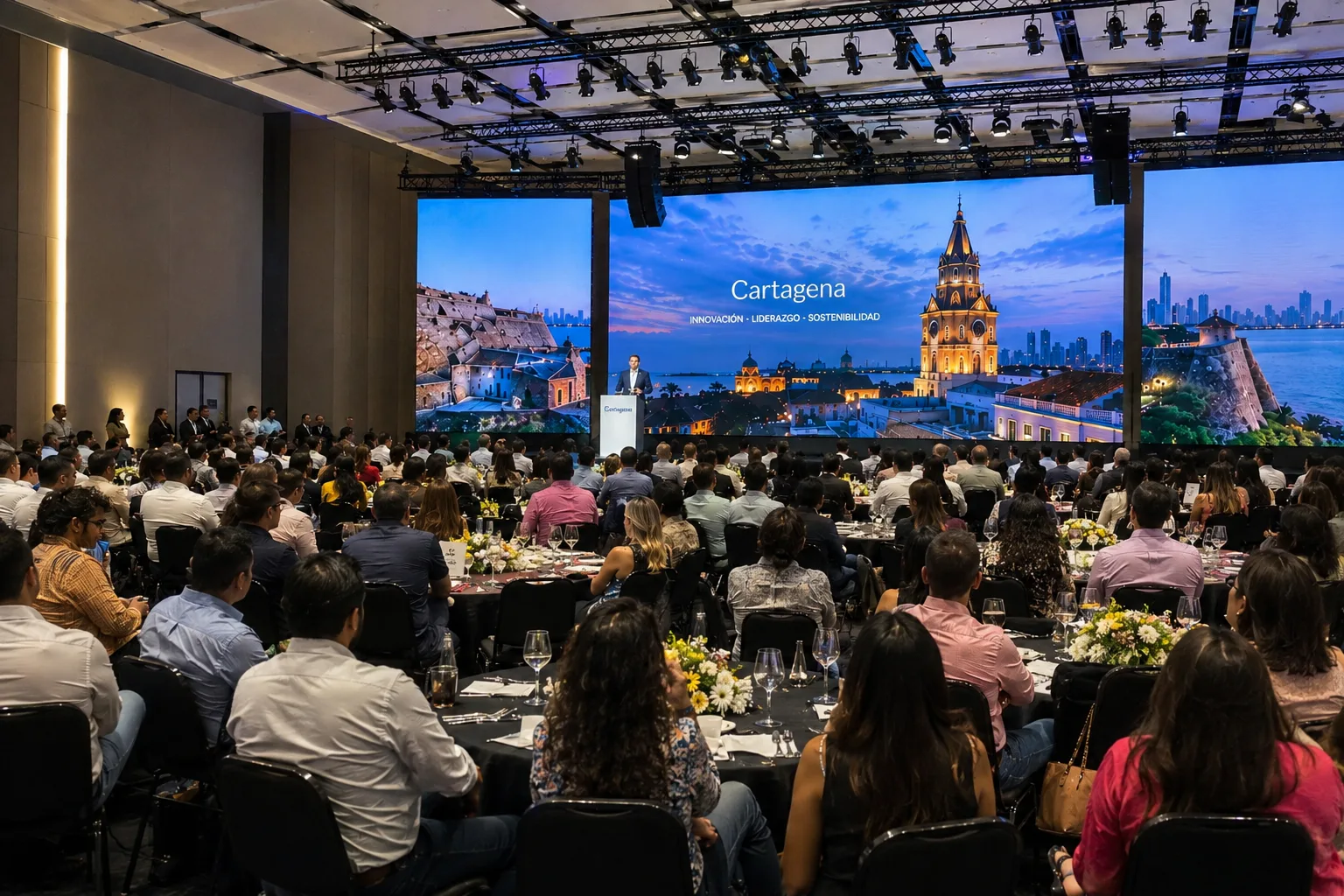 Auditorio lleno durante un congreso corporativo, con la ponencia en pantalla y las mesas de banquete ocupadas.