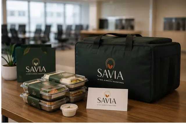 Empaque de SAVIA DAILY: cajas ejecutivas selladas y bolso térmico sobre una mesa de sala de juntas.
