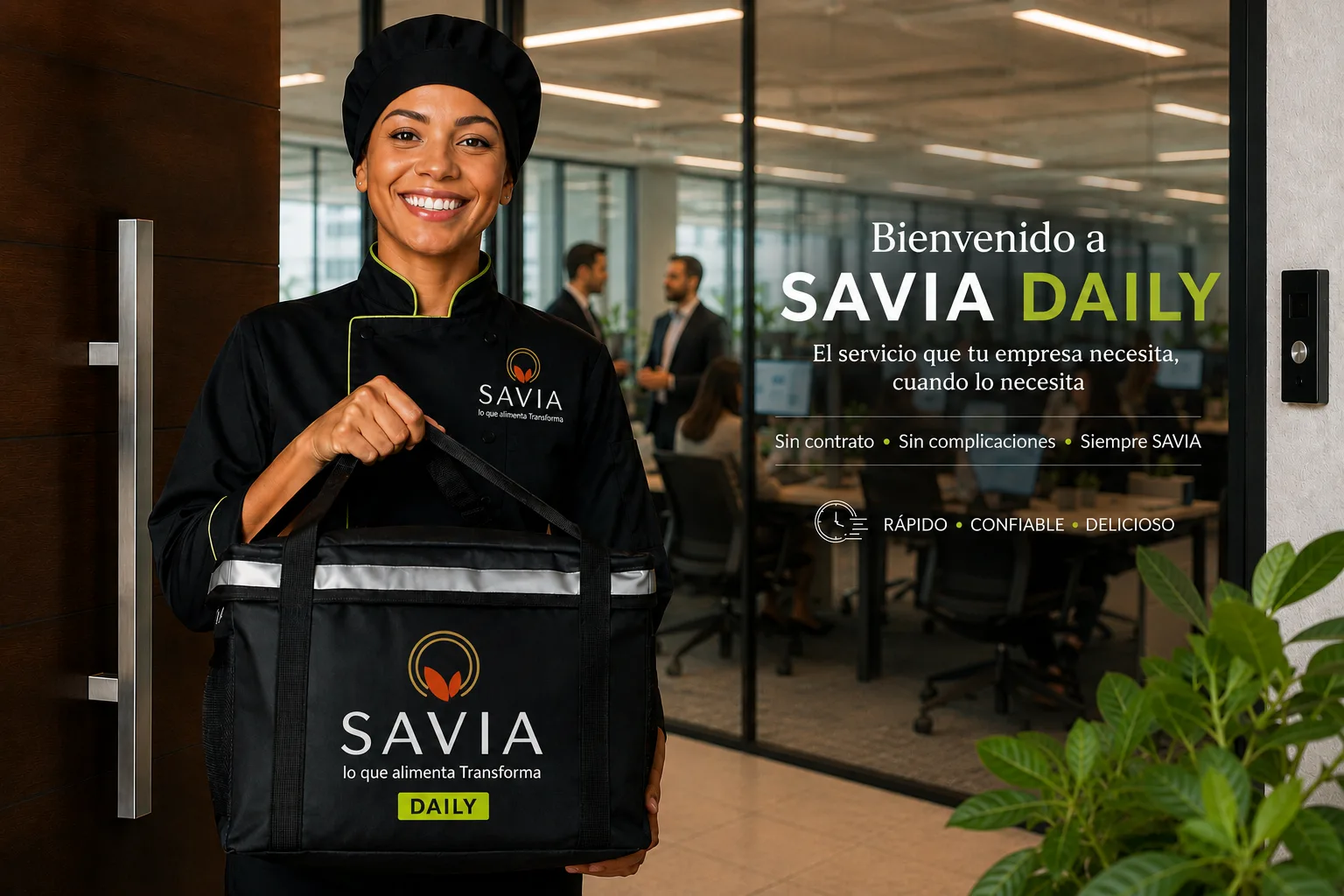Servicio de entrega de SAVIA DAILY llegando a la recepción de una oficina con la bolsa térmica de la marca.