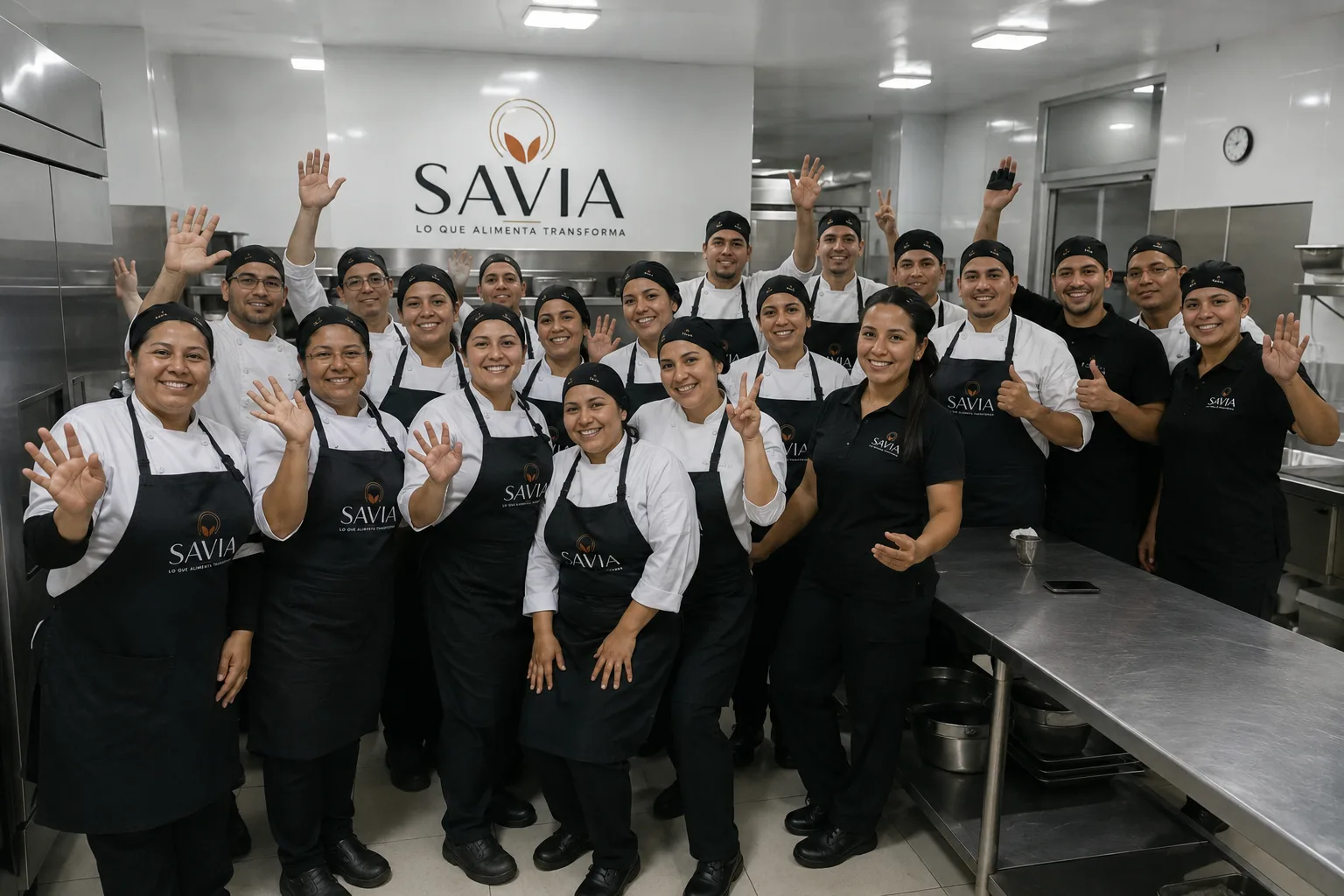 El equipo completo de SAVIA reunido en la cocina de producción, bajo el logotipo de la empresa.