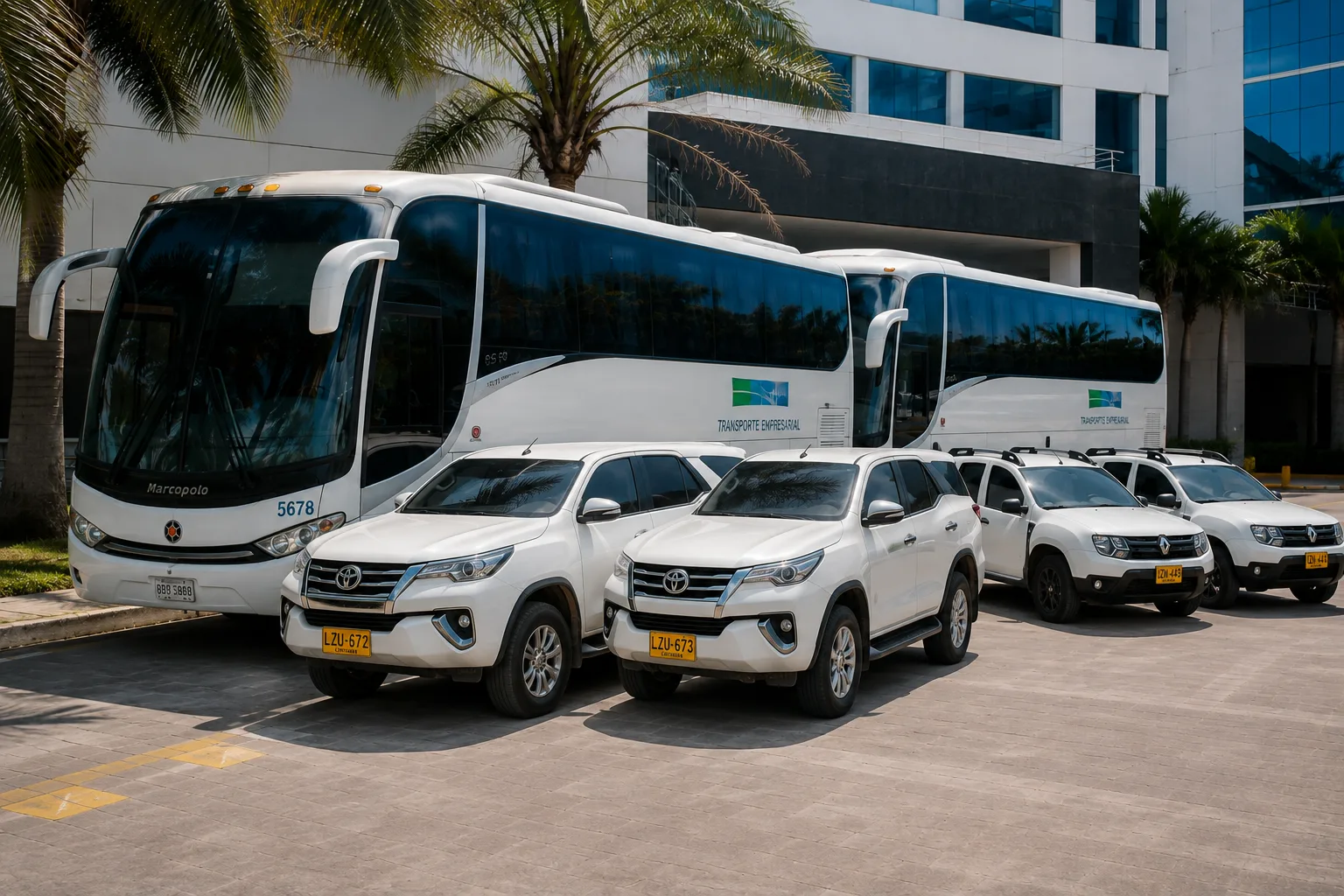 Buses y camionetas de un operador de transporte empresarial alineados frente a un edificio de oficinas.