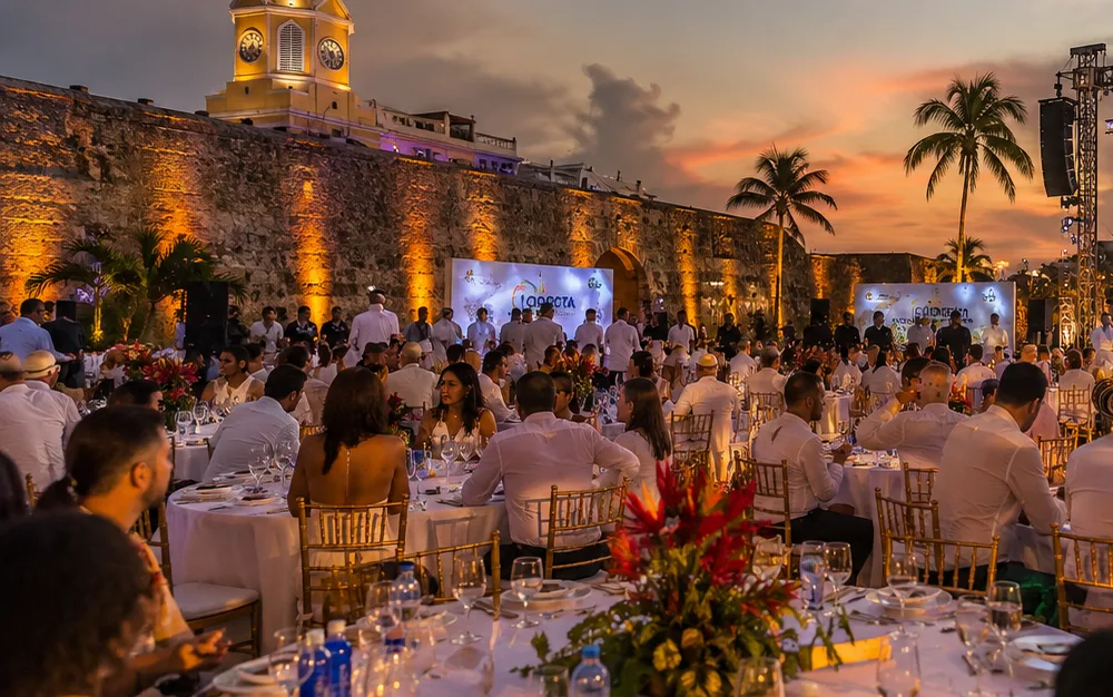 Cena de gala corporativa al aire libre al atardecer, con las mesas montadas frente a la muralla iluminada de Cartagena.