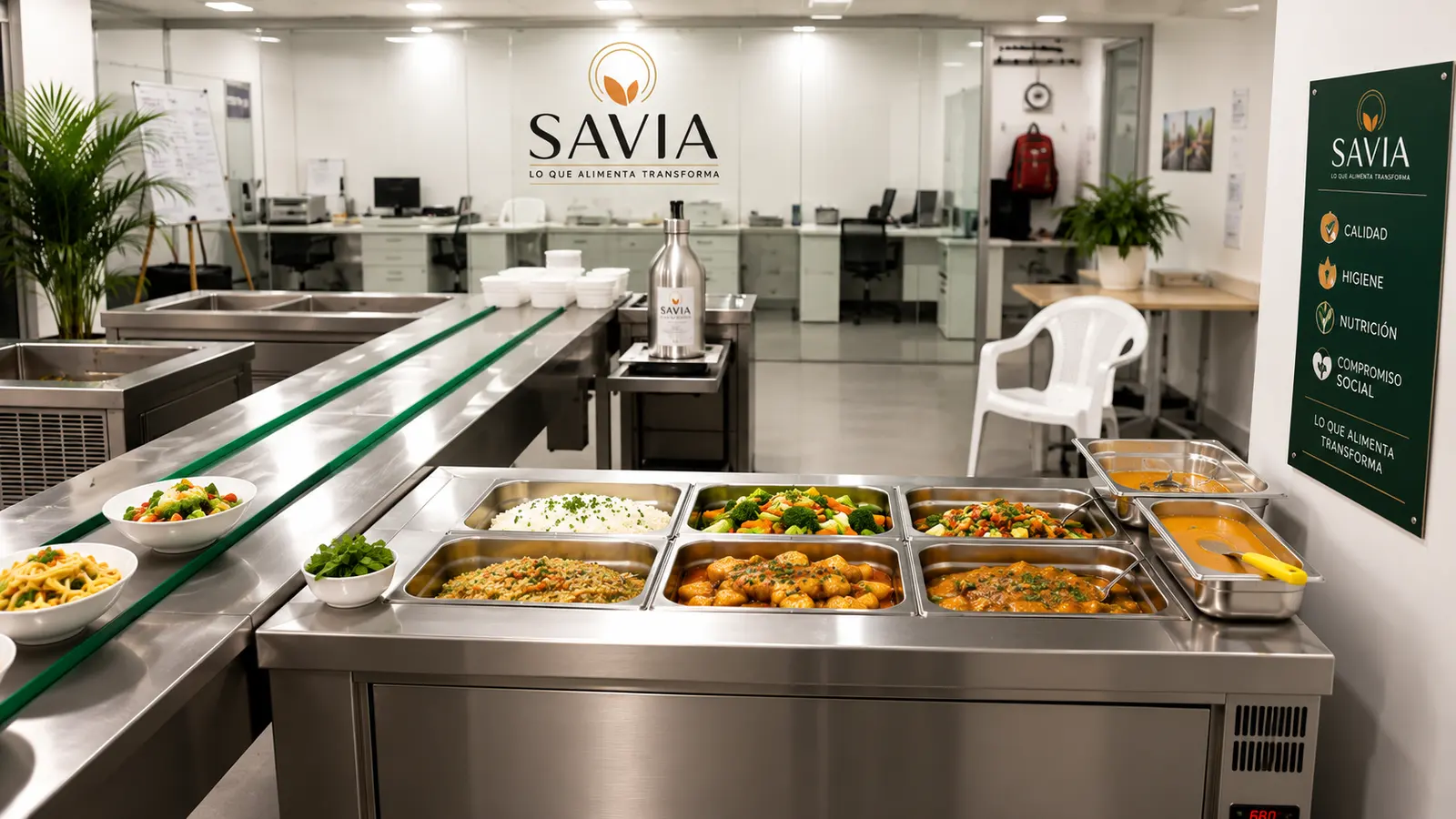 Línea de servicio de un comedor corporativo montada, con la señalética de calidad, higiene, nutrición y compromiso social.