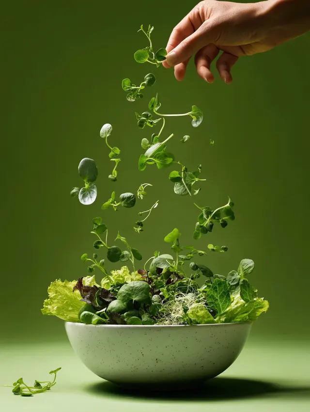 Hojas verdes frescas cayendo sobre un bowl de ensalada.