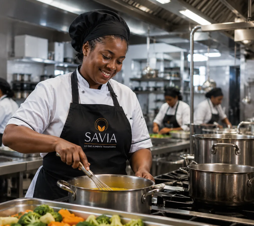 Cocinera con uniforme SAVIA batiendo en una olla en la cocina de producción, con el resto del equipo trabajando al fondo.