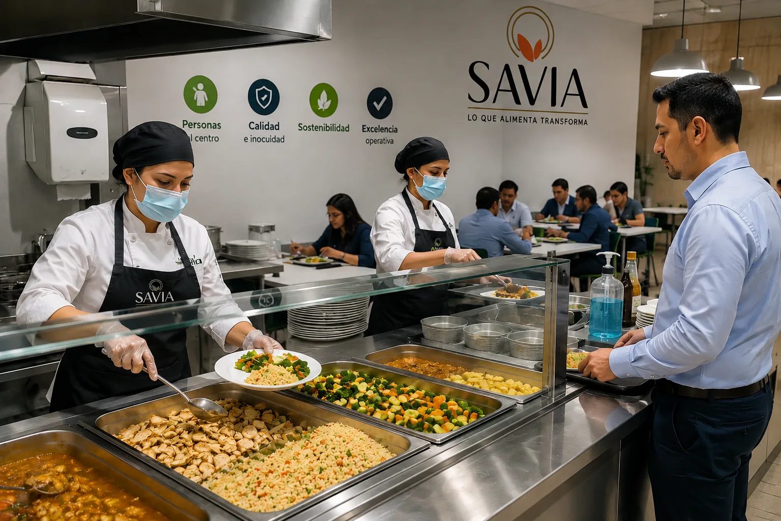 Línea de servicio de un comedor operado en outsourcing, con el equipo de cocina sirviendo y los comensales al fondo.