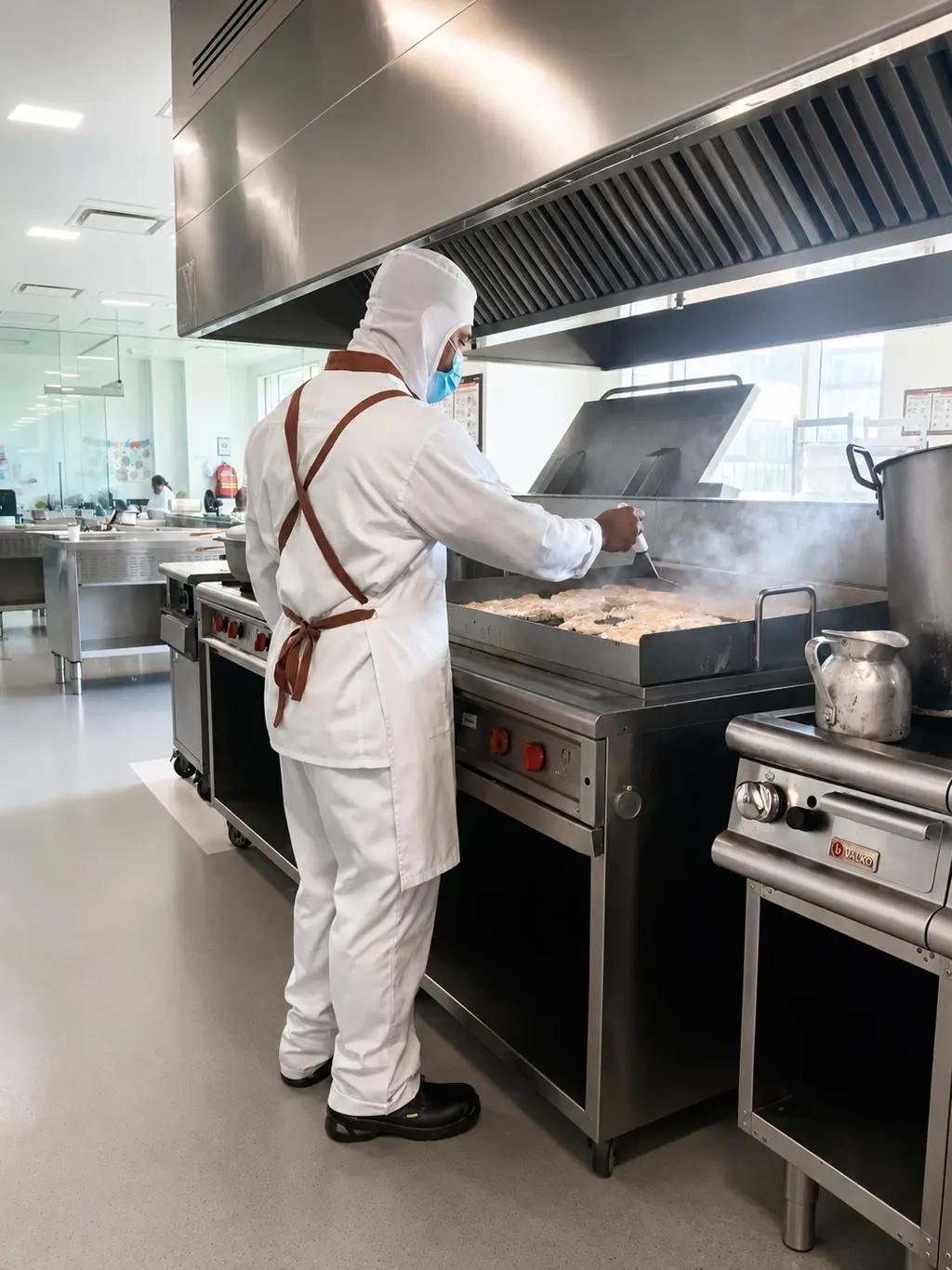 Cocinero en plancha industrial con dotación y elementos de protección personal completos.