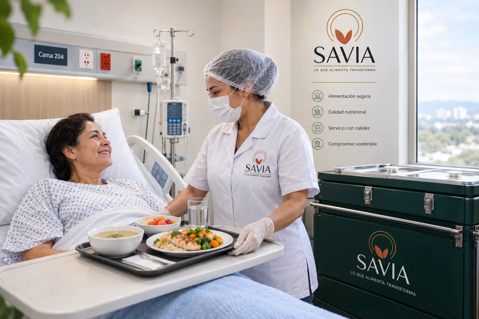 Entrega de la bandeja de dieta en la habitación de una paciente hospitalizada, con sopa, proteína, verdura y fruta fresca.