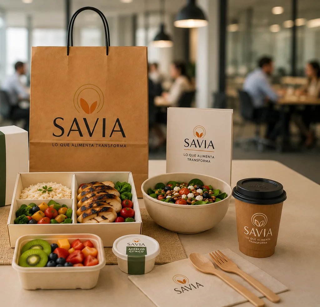 Pedido de SAVIA DAILY sobre la mesa de una oficina: bolsa de reparto, caja ejecutiva con proteína a la parrilla y verduras, bowl de ensalada, fruta fresca, aderezo cítrico y café, en empaque de la marca.