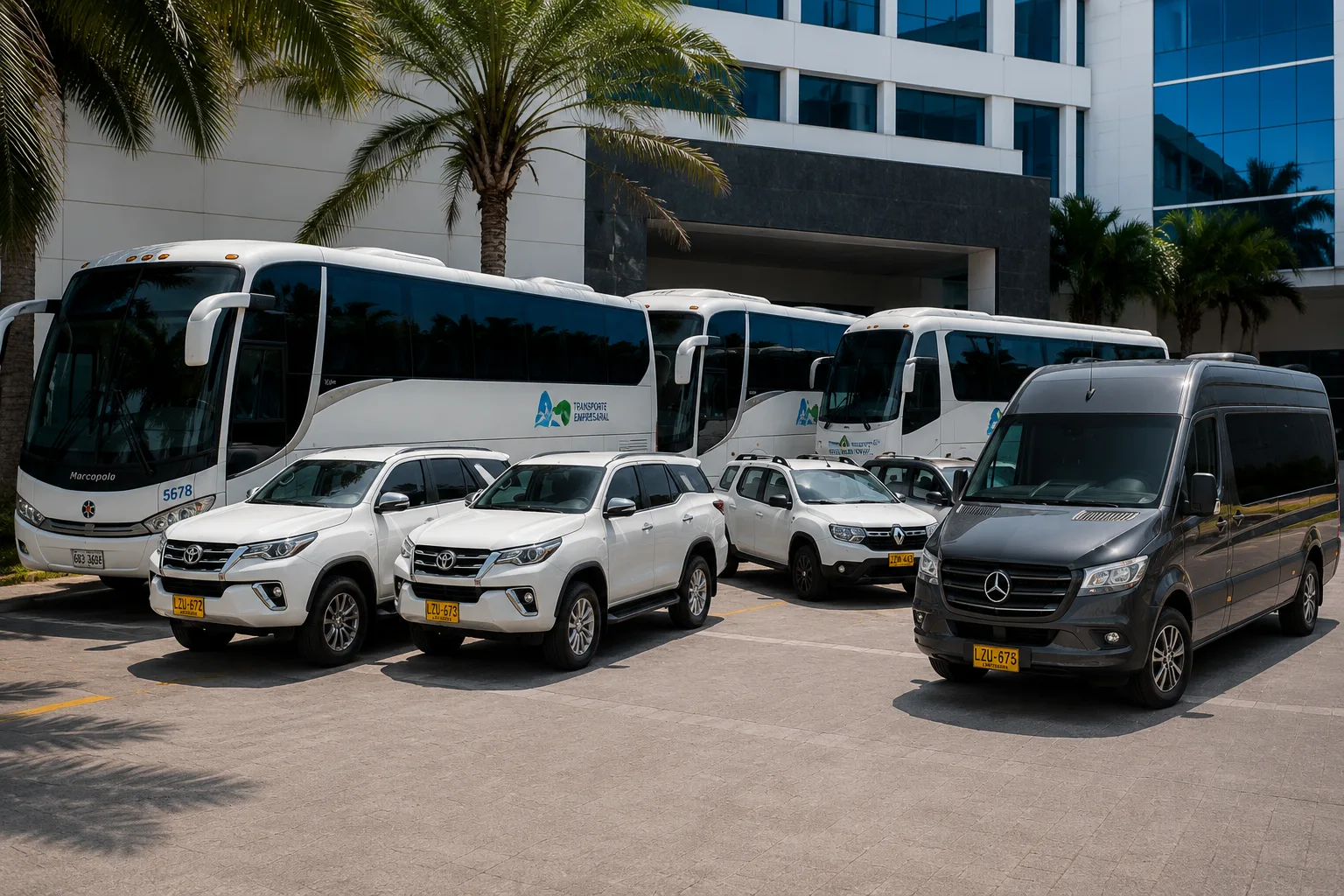 Flota de un operador de transporte empresarial —bus, camionetas y van— estacionada frente a una sede corporativa.