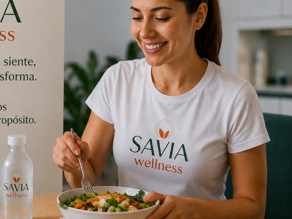 Colaboradora con camiseta de SAVIA Wellness almorzando un bowl de verduras y proteína en su oficina.